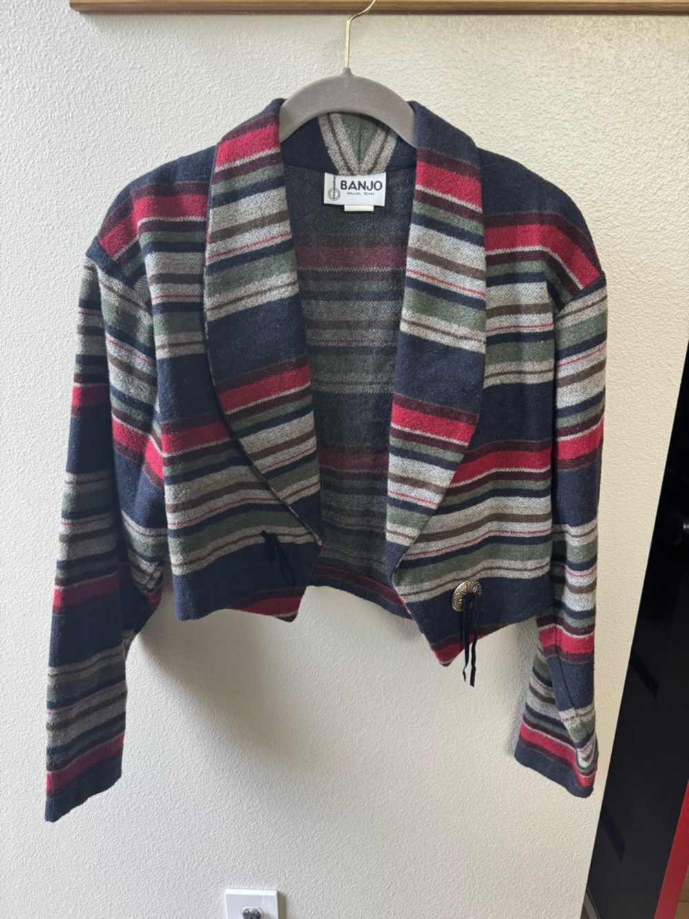 Vintage Banjo Cropped Western Style Striped Cardigan Jacket Size Medium